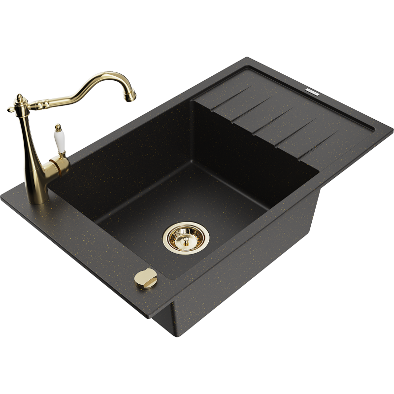 Mexen Elias lava-loiça de granito de uma bacia com escorredor e misturadora de cozinha Carla, preto/dourado metálico