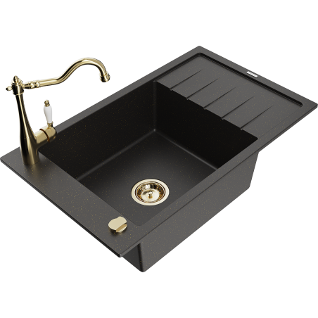 Mexen Elias granieten spoelbak 1-kompartment met druiprek en keukenmengkraan Carla, zwart/gouden metallic - 6511-75-670700-50