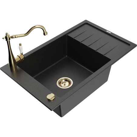 Mexen Elias granite sink 1-bowl with drainer and Carla kitchen tap, black/gold metallic - 6511-75-670700-50