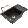 Mexen Elias granieten spoelbak 1-kompartment met druiprek en keukenmengkraan Carla, zwart/gouden metallic - 6511-75-670700-50