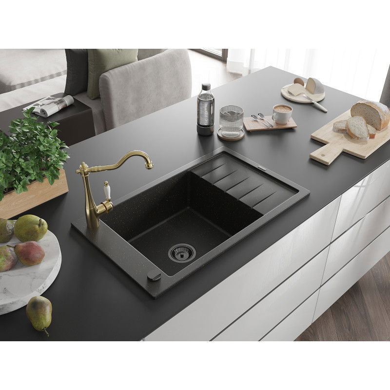 Mexen Elias 1-bowl granite kitchen sink with drainer and Carla kitchen tap, black/golden metallic - 6511-75-670700-50-B