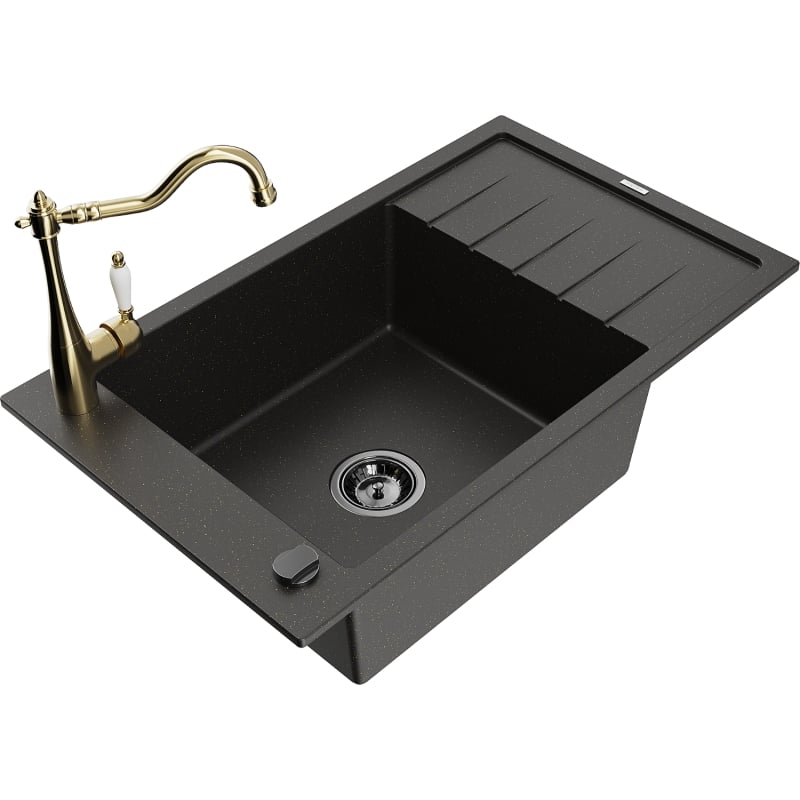 Mexen Elias 1-bowl granite sink with drainer and Carla kitchen faucet, black/gold metallic - 6511-75-670700-50-B