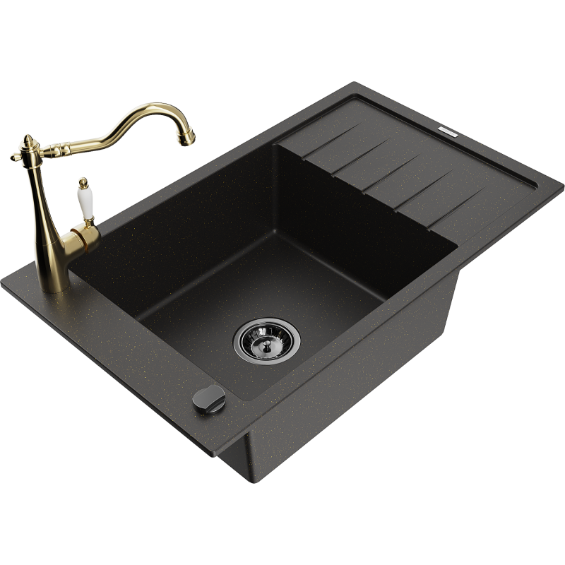 Mexen Elias granieten spoelbak 1-komors met afdruiprek en keukenkraan Carla, zwart/goud metallic - 6511-75-670700-50-B