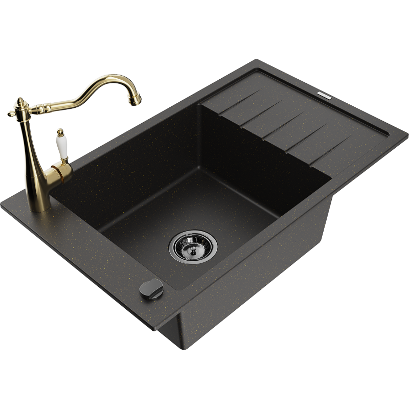 Mexen Elias lava-loiça de granito 1-cuba com escorredor e torneira de cozinha Carla, preto/dourado metálico