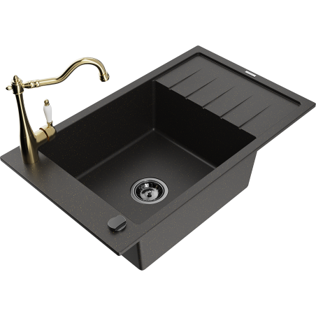 Mexen Elias granieten spoelbak 1-komors met afdruiprek en keukenkraan Carla, zwart/goud metallic - 6511-75-670700-50-B