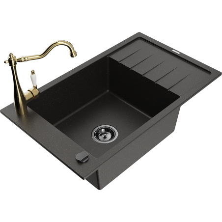 Mexen Elias granitizlietne 1-nodalījumu ar noteci un virtuves jaucējkrānu Carla, melns/zeltains metālisks