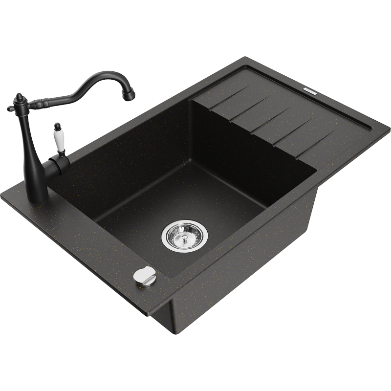 Mexen Elias fregadero de granito de 1 cubeta con escurridor y grifo de cocina Carla, negro/dorado metálico - 6511-75-670700-70
