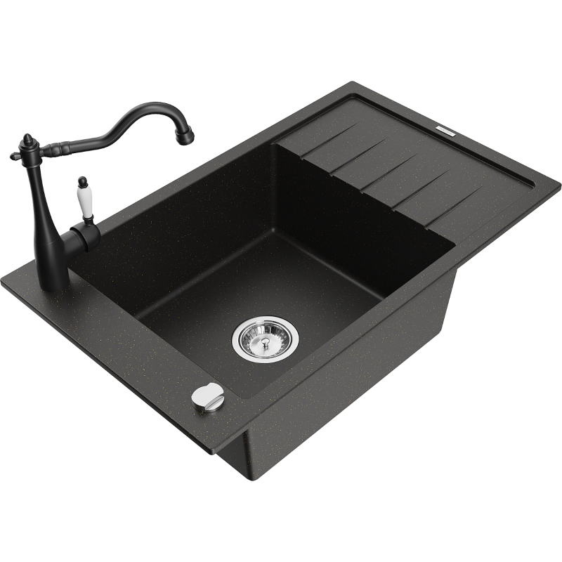 Mexen Elias graniittinen 1-altaallinen keittiöallas valumisaineella ja keittiöhanalla Carla, musta/kultametallic