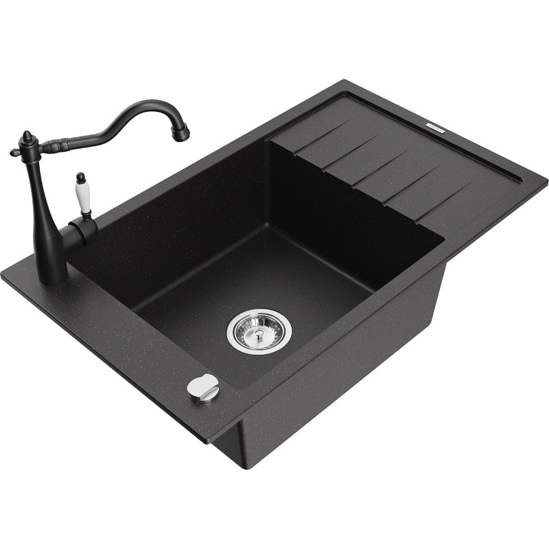 Mexen Elias Granitspüle 1-Kammer mit Abtropffläche und Küchenarmatur Carla, schwarz/gold-metallic - 6511-75-670700-70