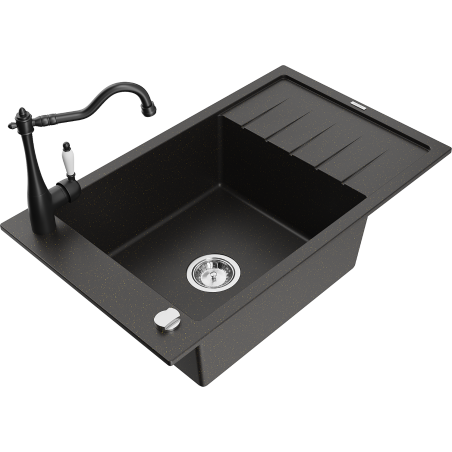 Mexen Elias 1-bowl granite sink with drainer and kitchen faucet Carla, black/gold metallic - 6511-75-670700-70