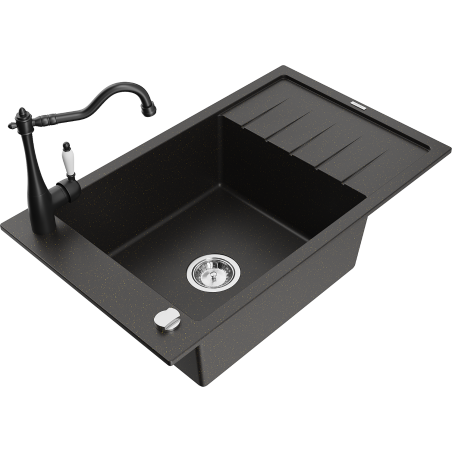 Mexen Elias fregadero de granito de 1 seno con escurridor y grifo de cocina Carla, negro/dorado metálico - 6511-75-670700-70