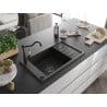 Mexen Elias granite kitchen sink 1-bowl with drainer and kitchen faucet Carla, black/golden metallic - 6511-75-670700-70-B