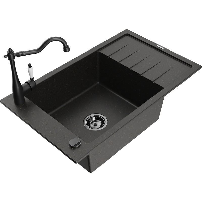 Mexen Elias granieten spoelbak 1-compartiment met afdruiprek en keukenkraan Carla, zwart/goud metallic - 6511-75-670700-70-B