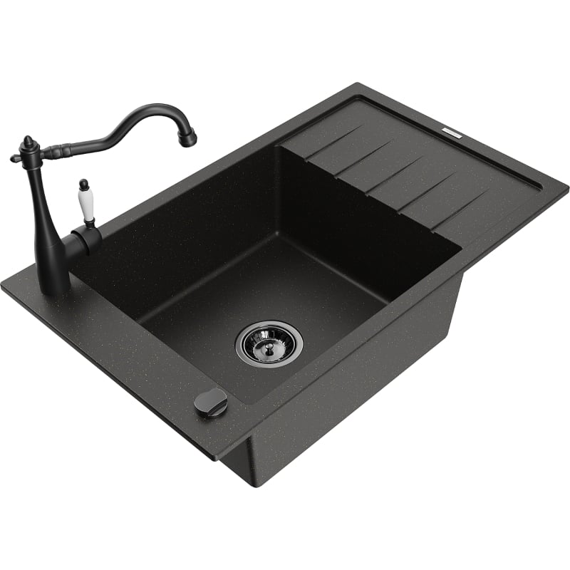 Mexen Elias granite kitchen sink 1-bowl with drainer and kitchen faucet Carla, black/golden metallic - 6511-75-670700-70-B
