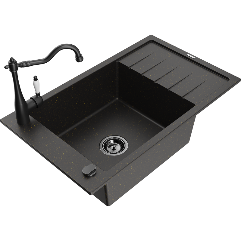 Mexen Elias granite sink 1-bowl with drainer and Carla kitchen tap, black/golden metallic - 6511-75-670700-70-B