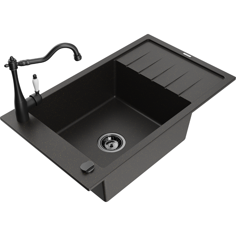 Mexen Elias lava-loiça de granito de 1 bacia com escorredor e torneira de cozinha Carla, preto/dourado metálico