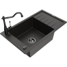 Mexen Elias granite kitchen sink 1-bowl with drainer and kitchen faucet Carla, black/golden metallic - 6511-75-670700-70-B