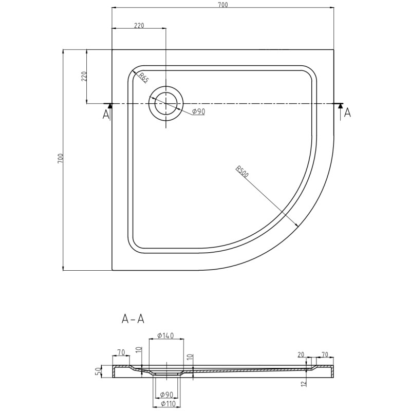 Mexen Flat poolringikujuline dušinurga alus slim 70 x 70 cm, valge, sifoon kuldne - 41107070G