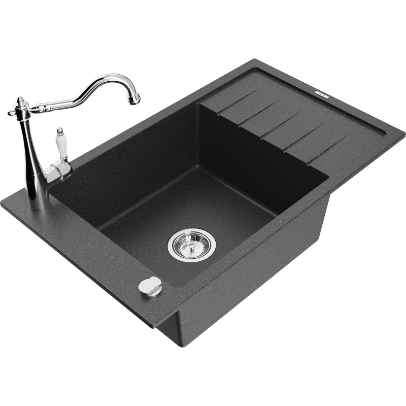Mexen Elias granite sink 1-bowl with drainer and Carla kitchen tap, black speckled - 6511-76-670700-00