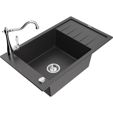 Mexen Elias granite sink 1-bowl with drainer and Carla kitchen tap, black speckled - 6511-76-670700-00