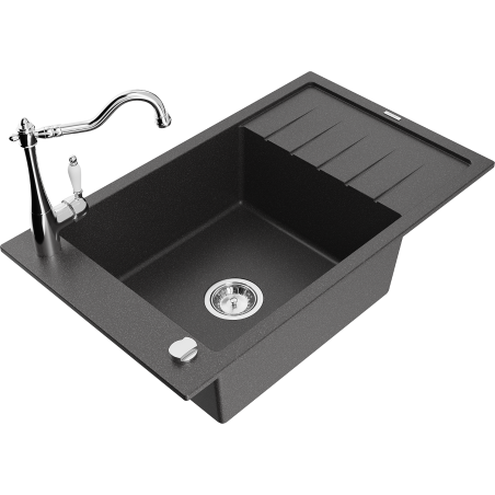 Mexen Elias granite sink 1-bowl with drainer and kitchen faucet Carla, black speckled - 6511-76-670700-00