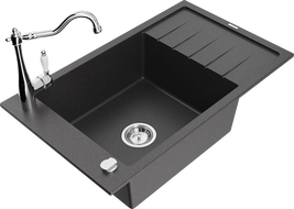 Mexen Elias granite sink 1-bowl with drainer and Carla kitchen tap, black speckled - 6511-76-670700-00