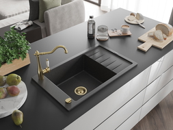 Mexen Elias 1-compartment granite sink with a drip tray and kitchen mixer tap Carla, spotted black - 6511-76-670700-50