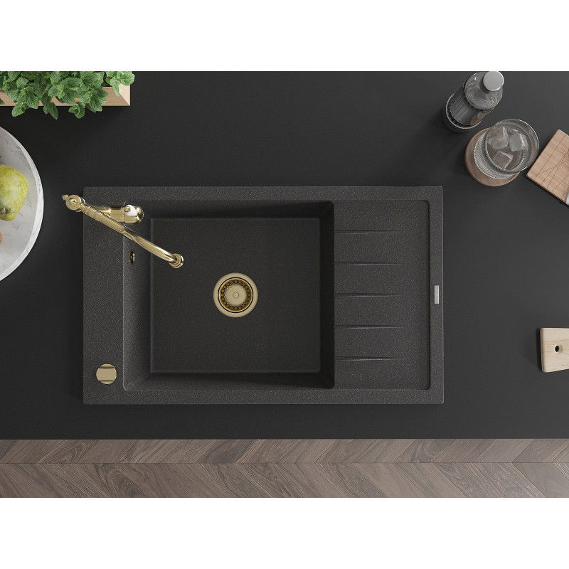 Mexen Elias granite sink 1-bowl with drainer and Carla kitchen tap, black speckled - 6511-76-670700-50