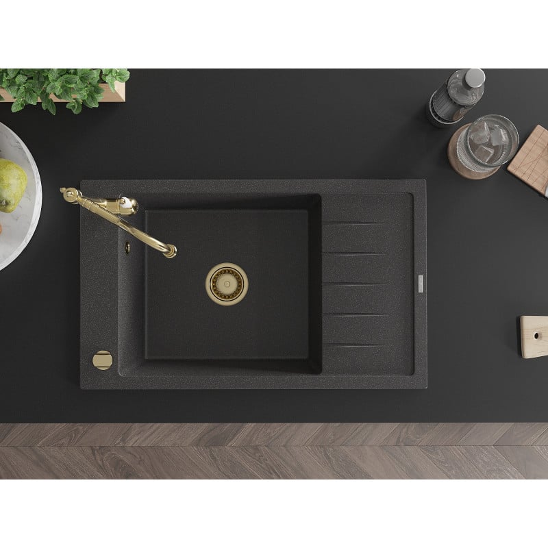 Mexen Elias lava-loiça de granito de 1 cuba com escorredor e torneira de cozinha Carla, preto salpicado - 6511-76-670700-50