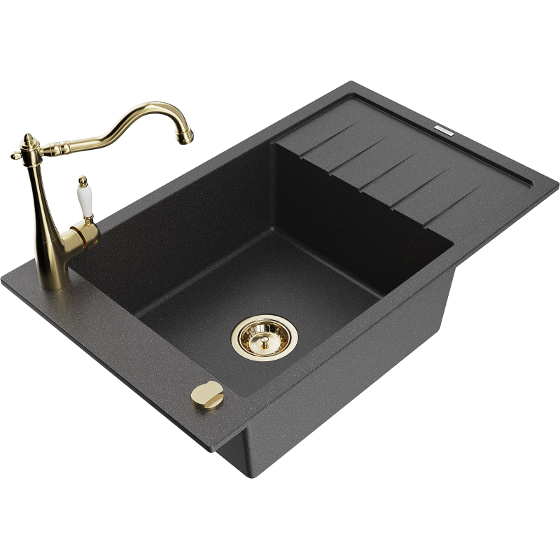 Mexen Elias lava-loiça de granito de 1 cuba com escorredor e torneira de cozinha Carla, preto salpicado - 6511-76-670700-50
