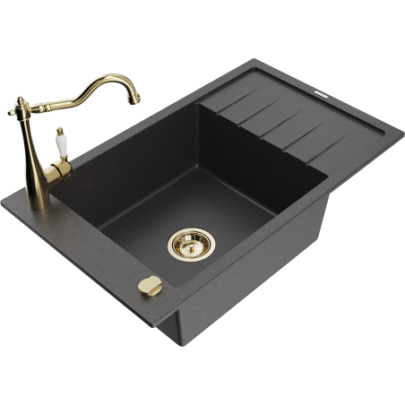 Mexen Elias lavello in granito a 1 vasca con sgocciolatoio e rubinetto da cucina Carla, nero maculato - 6511-76-670700-50