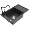 Mexen Elias granitizlietne ar vienu nodalījumu, ar drenāžu un virtuves maisītāju Carla, melns ar mazām krāsas šļakatām