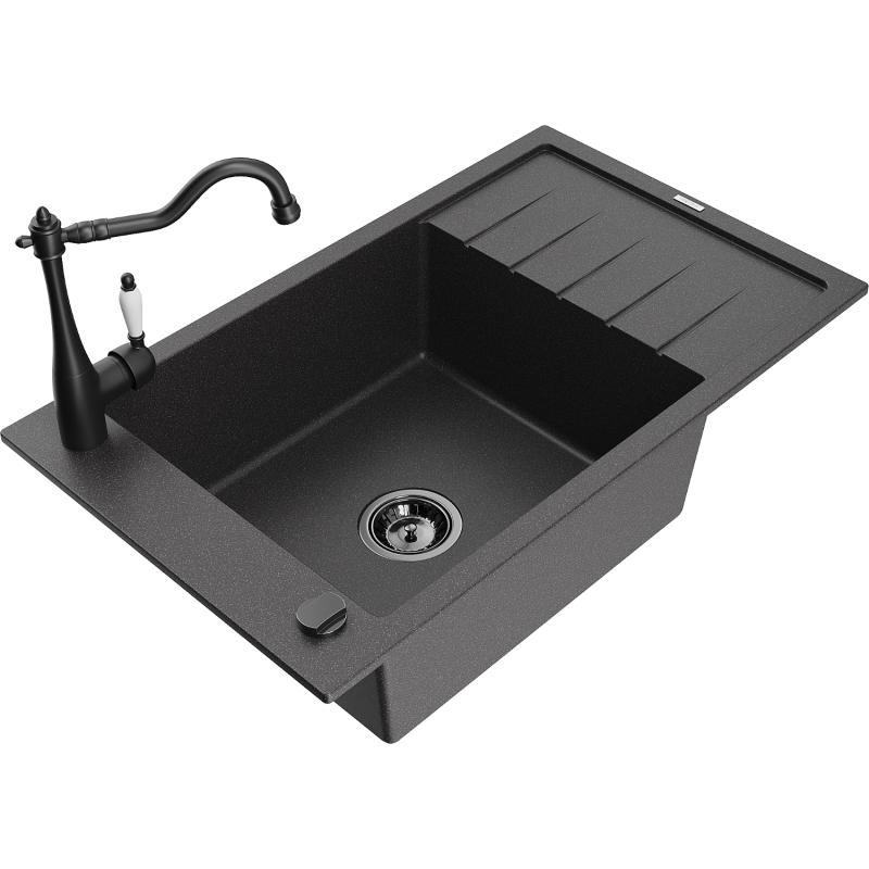 Mexen Elias lavatório de granito de 1 bacia com escorredor e torneira de cozinha Carla, preto salpicado - 6511-76-670700-70-B