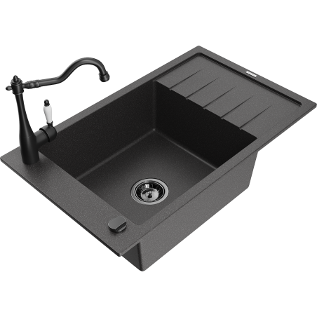 Mexen Elias granite kitchen sink with 1 bowl, drainer, and kitchen faucet Carla, black speckled - 6511-76-670700-70-B