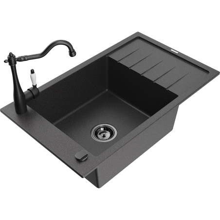 Mexen Elias granite sink single-bowl with drainer and Carla kitchen tap, black speckled - 6511-76-670700-70-B