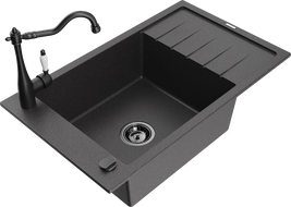 Mexen Elias granite sink single-bowl with drainer and Carla kitchen tap, black speckled - 6511-76-670700-70-B