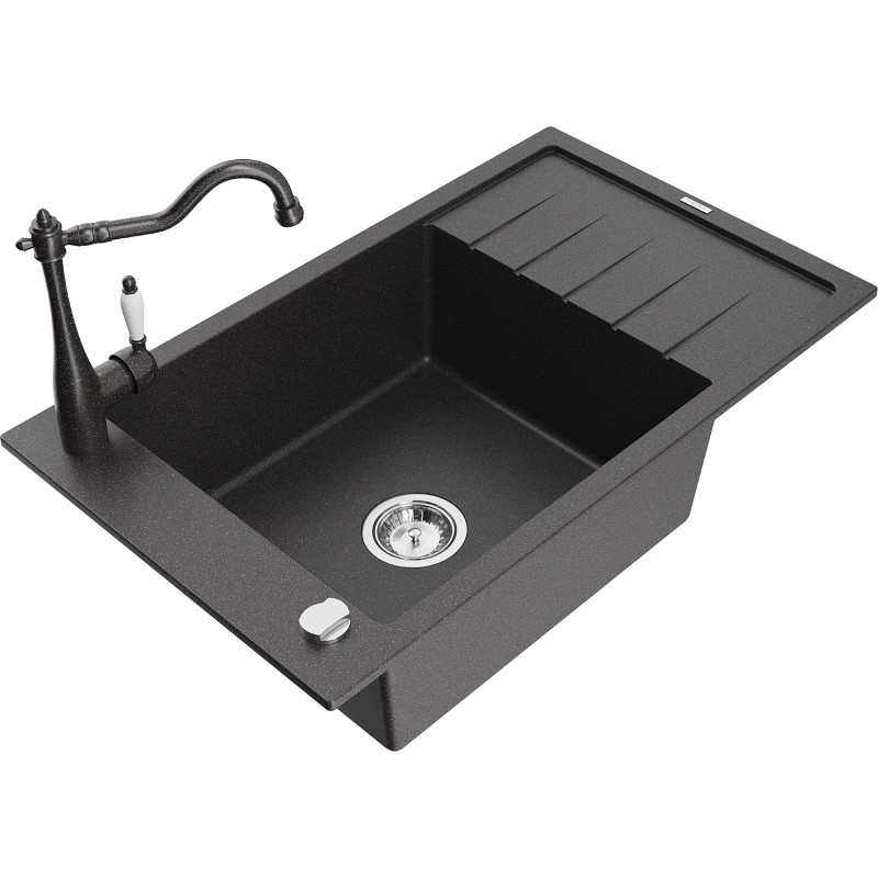 Mexen Elias fregadero de granito de 1 seno con escurridor y grifo de cocina Carla, negro moteado - 6511-76-670700-76