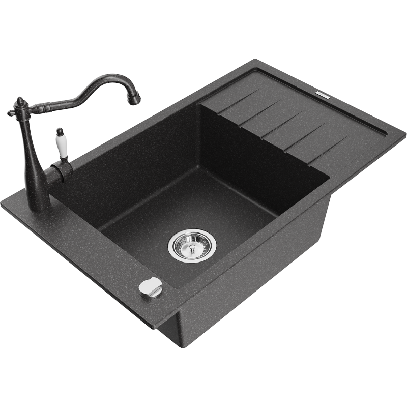 Mexen Elias granite sink with 1 basin, drainer, and Carla kitchen tap, black speckled - 6511-76-670700-76
