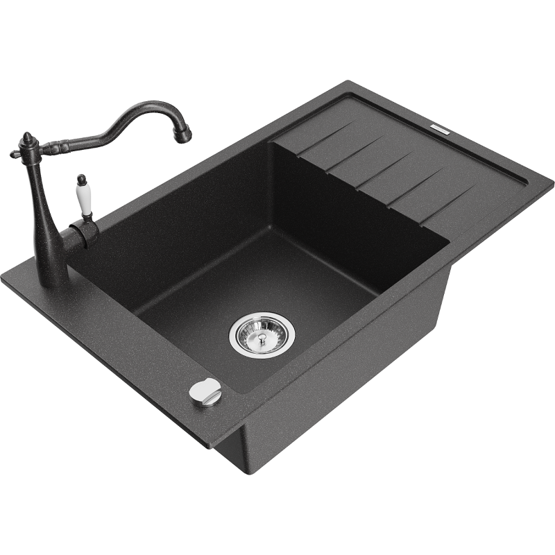 Mexen Elias lava-louça de granito de 1 cuba com escorredor e torneira de cozinha Carla, preto salpicado - 6511-76-670700-76