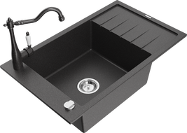 Mexen Elias granite sink with 1 basin, drainer, and Carla kitchen tap, black speckled - 6511-76-670700-76