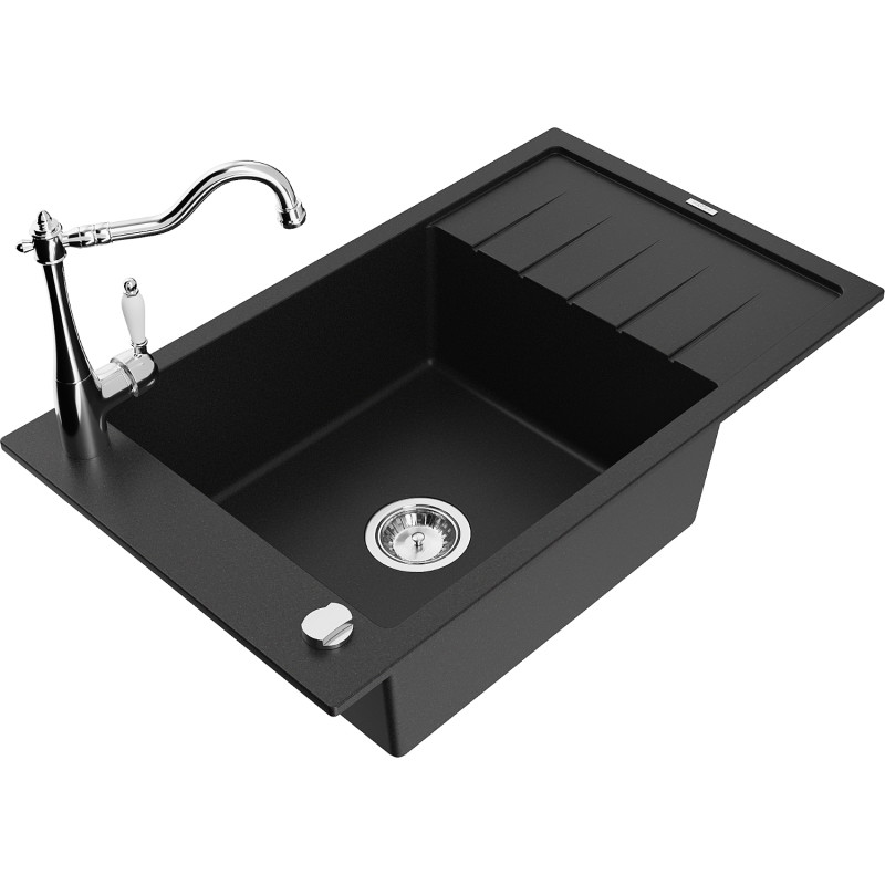 Mexen Elias fregadero de granito de 1 recipiente con escurridor y grifo de cocina Carla, negro - 6511-77-670700-00
