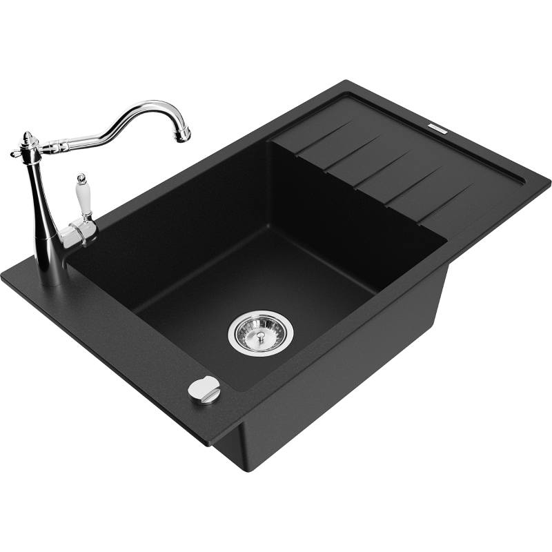 Mexen Elias granite sink single bowl with drainer and Carla kitchen tap, black - 6511-77-670700-00
