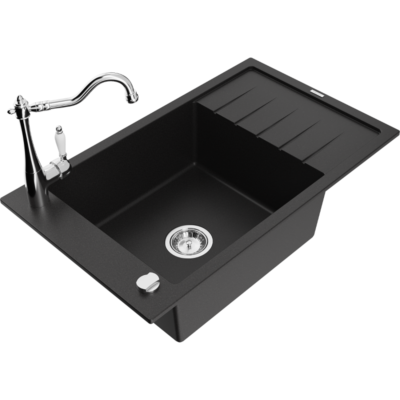 Mexen Elias lava-louça em granito de uma bacia com escorredor e torneira de cozinha Carla, preto - 6511-77-670700-00