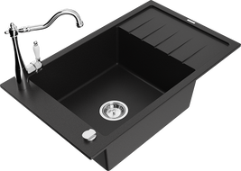 Mexen Elias granite sink single bowl with drainer and Carla kitchen tap, black - 6511-77-670700-00