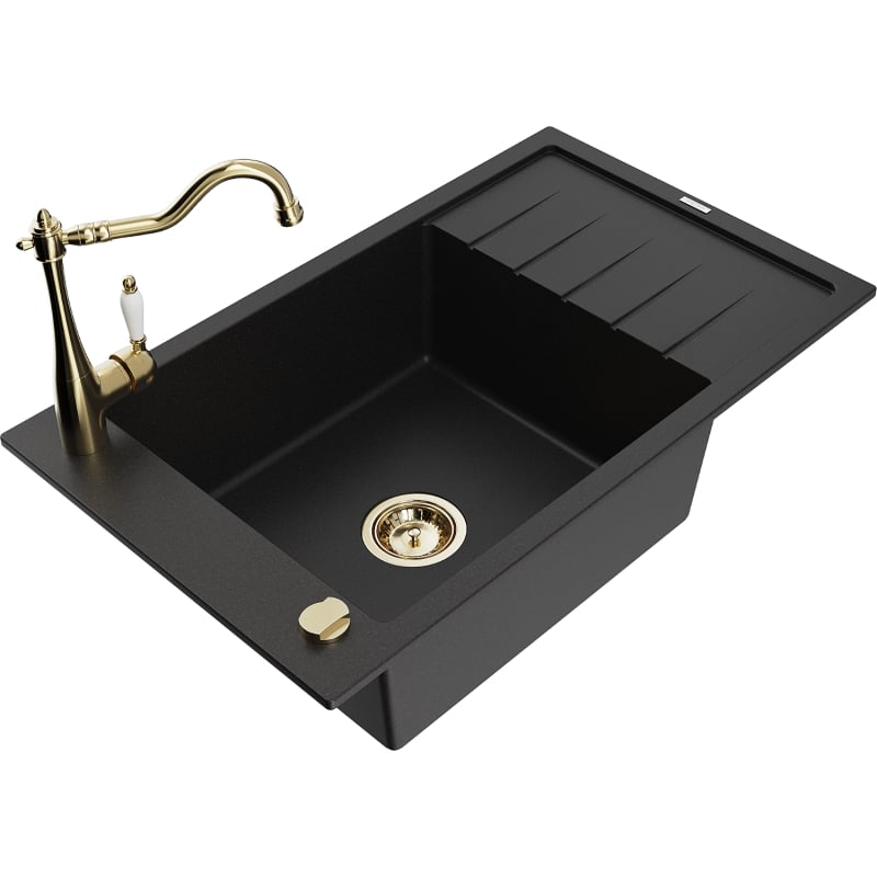 Mexen Elias 1-bowl granite sink with drainer and Carla kitchen faucet, black - 6511-77-670700-50