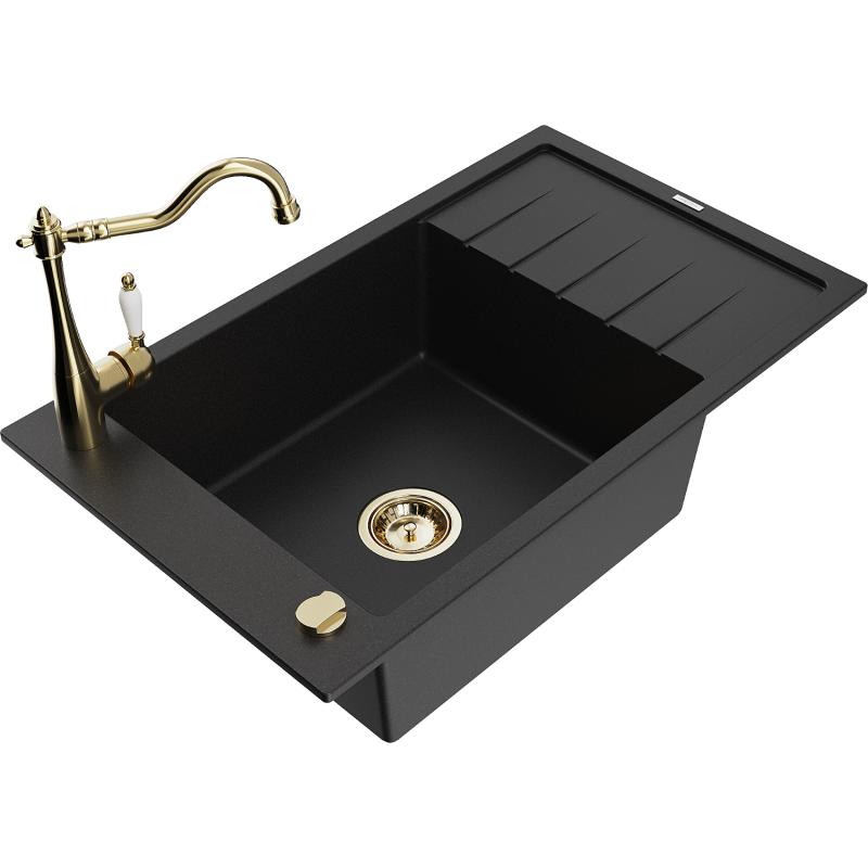 Mexen Elias fregadero de granito de 1 cubeta con escurridor y grifo de cocina Carla, negro - 6511-77-670700-50