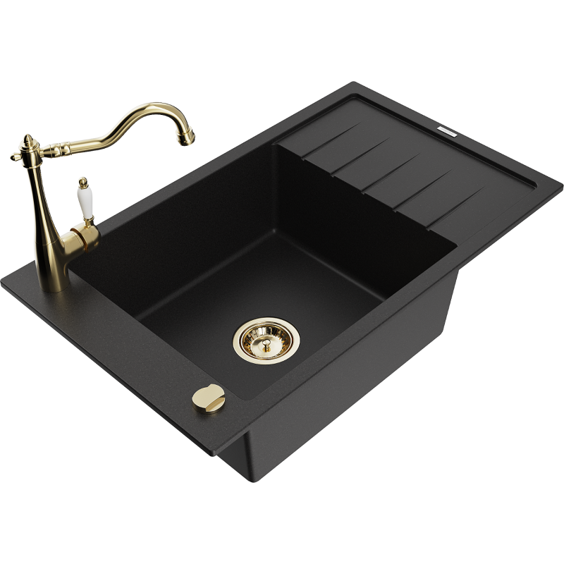 Mexen Elias granite kitchen sink single-bowl with drainer and Carla kitchen tap, black - 6511-77-670700-50