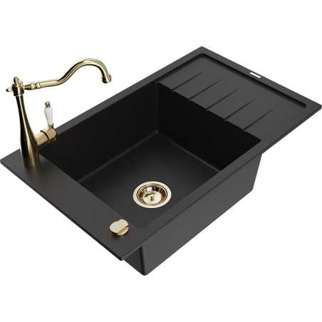 Mexen Elias évier en granit 1 bac avec égouttoir et robinet de cuisine Carla, noir - 6511-77-670700-50