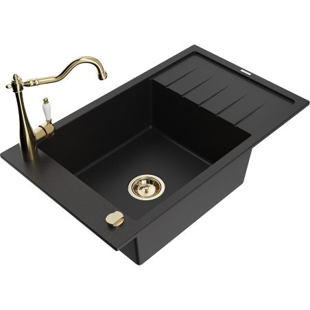 Mexen Elias granieten gootsteen 1-komor met afdruiprek en keukenkraan Carla, zwart - 6511-77-670700-50