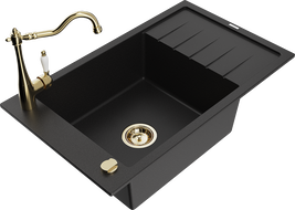 Mexen Elias 1-bowl granite sink with drainer and Carla kitchen faucet, black - 6511-77-670700-50